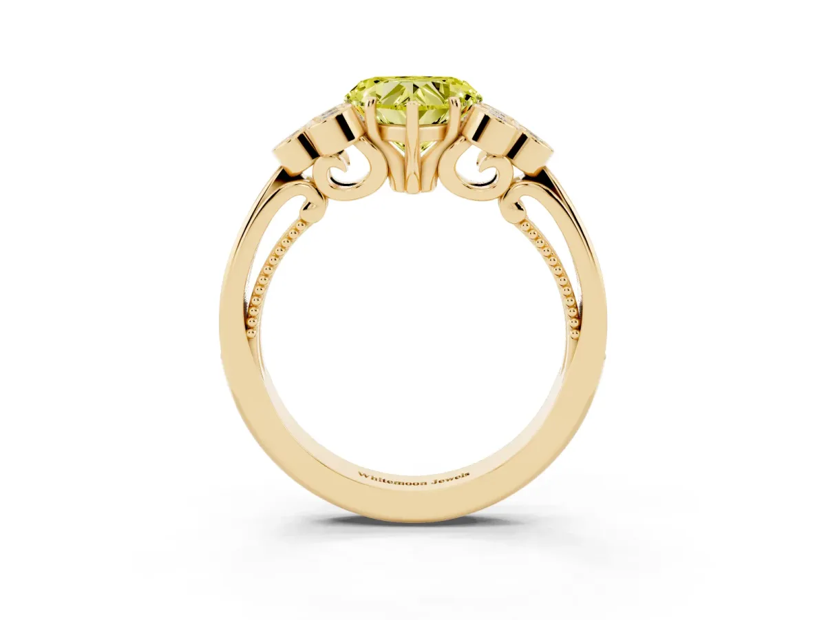 Fancy Yellow Heart Cut Cut Diamond Engagement Ring with Bezel Set Round Side Stones and Prong Setting Yellow gold