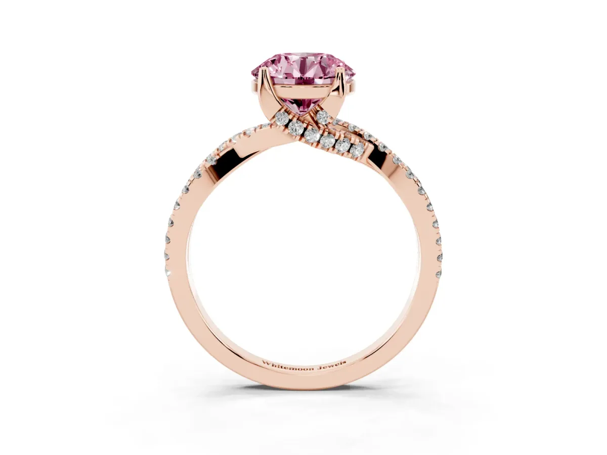 Fancy Pink Round Cut Solitaire Twist Pave Diamond Engagement Ring with Prong Setting Rose gold