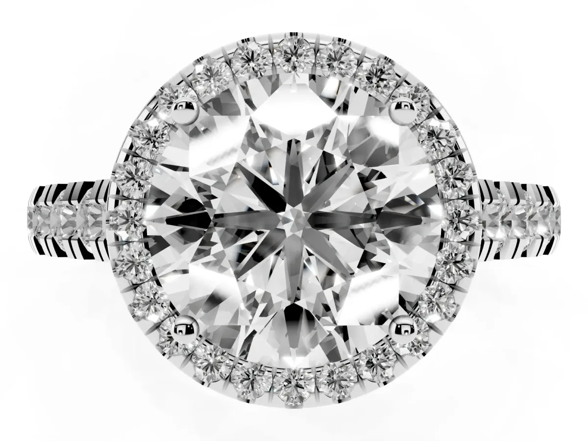 Round Cut Halo Pavé Diamond Engagement Ring with Four-Prong Setting Silver