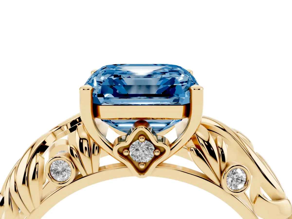 Fancy Blue Asscher Cut Solitaire Diamond Leaf-Inspired Vine Band Ring with Prong Setting Yellow gold