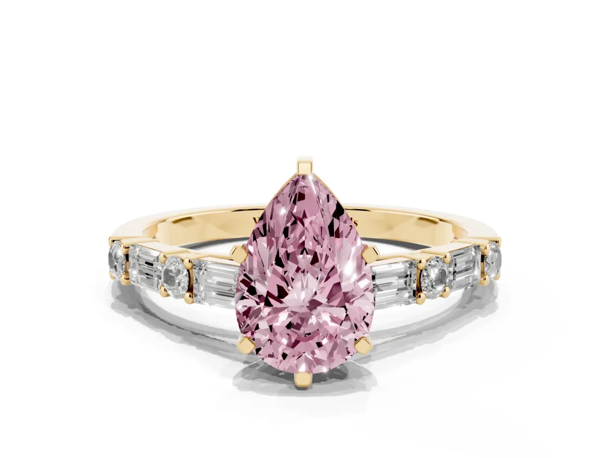 Fancy Pink Pear Cut Diamond Solitaire with Side Baguettes and Channel Set Band Yellow gold