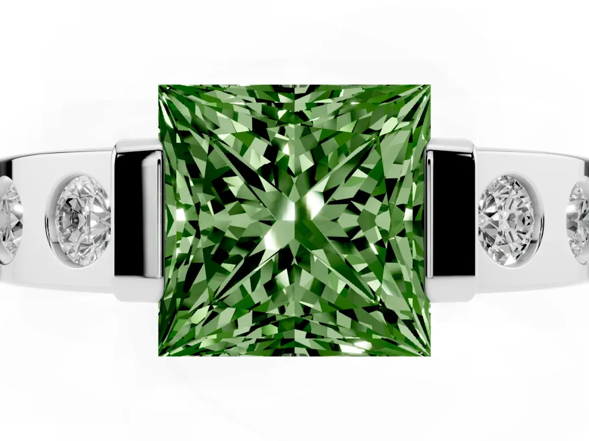 Fancy Green Princess Cut Brilliant Channel-Set Diamond Ring with Bezel Prong Setting Silver