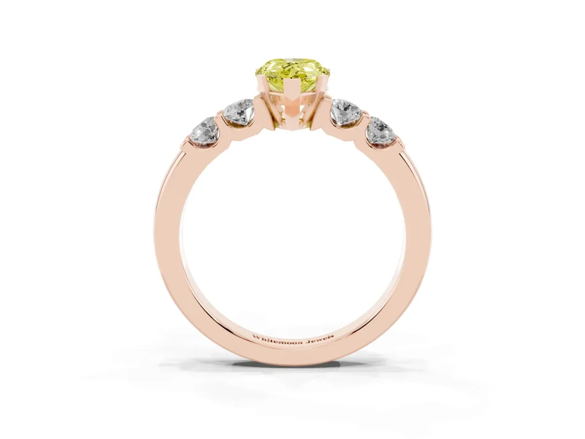 Fancy Yellow Pear Cut Brilliant Cut Diamond Five-Stone Prong Set Engagement Ring with Channel Band Rose gold