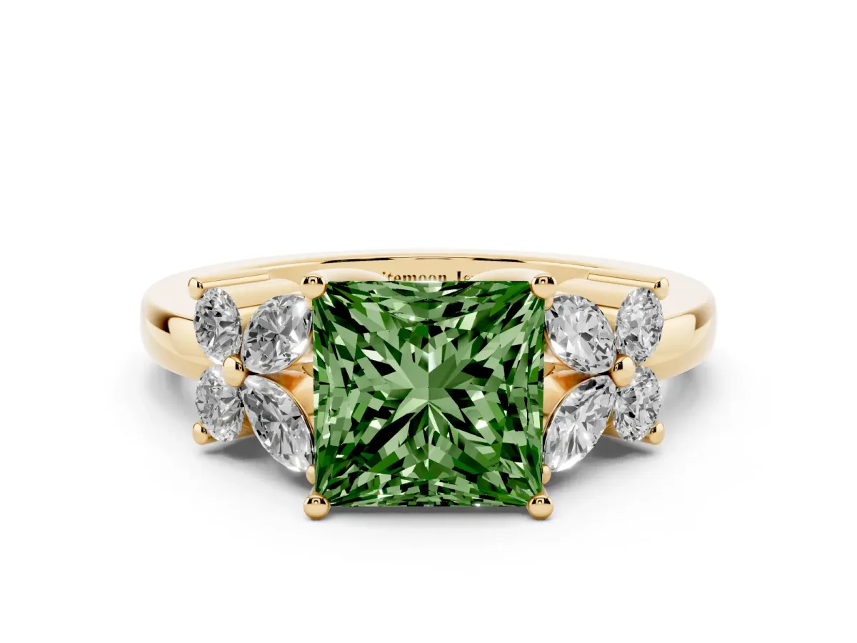 Fancy Green Princess Cut Diamond Floral Cluster Ring with Solitaire Band and Prong Setting Yellow gold