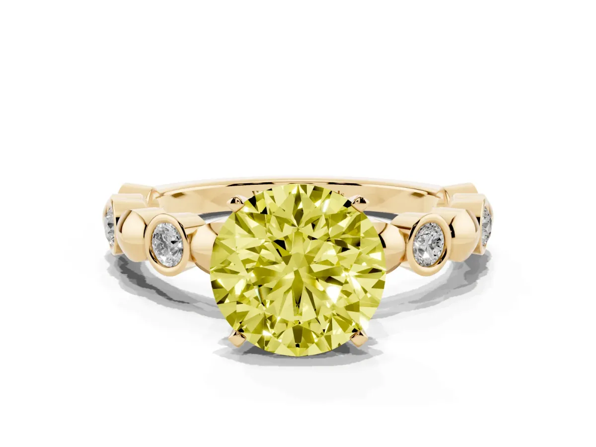 Fancy Yellow Round Cut Solitaire Bezel-Set Diamond Ring with Beaded Band and Four-Prong Setting Yellow gold