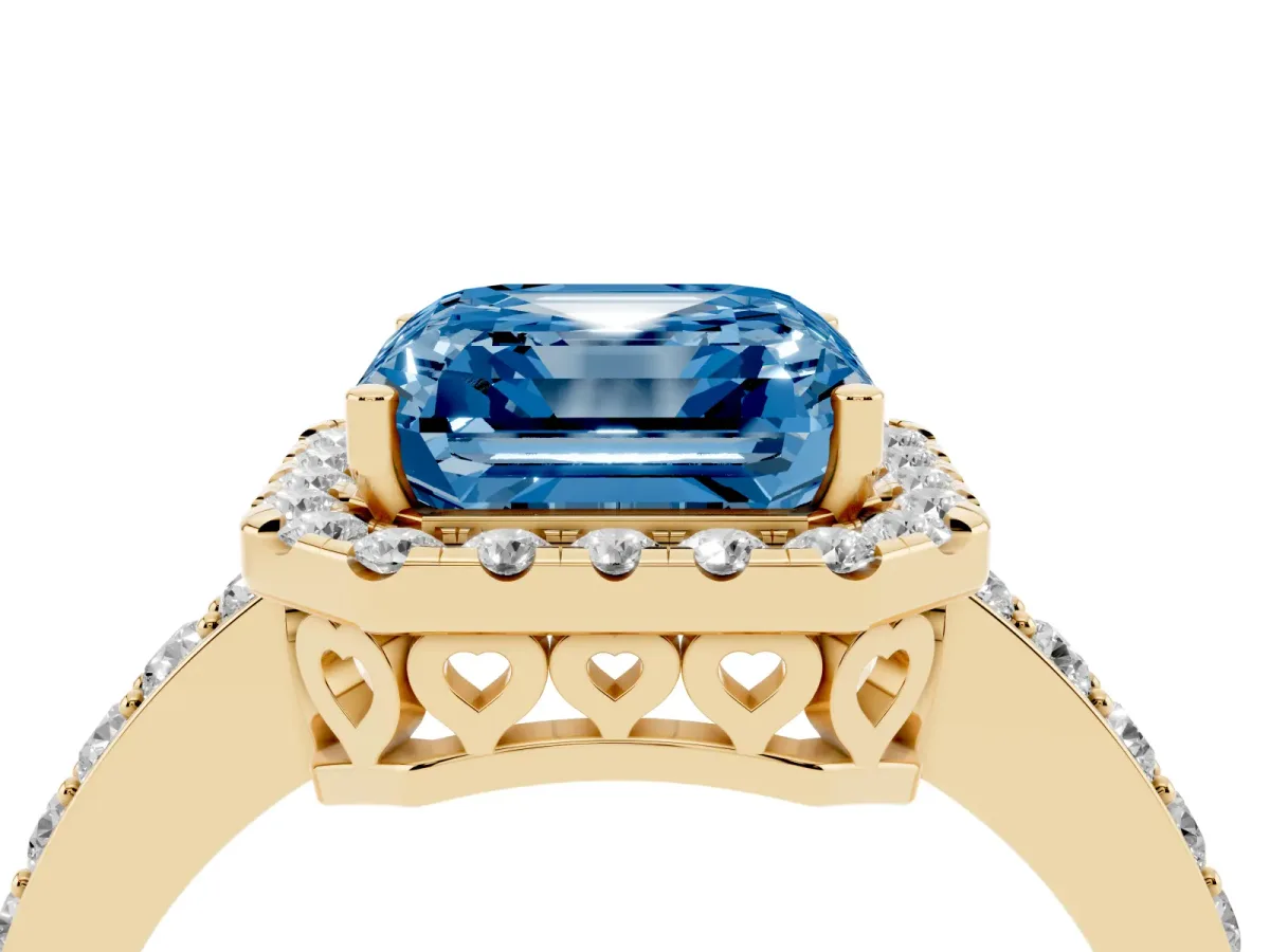 Fancy Blue Asscher Cut Halo Diamond Pavé Band Ring with Prong Setting Yellow gold