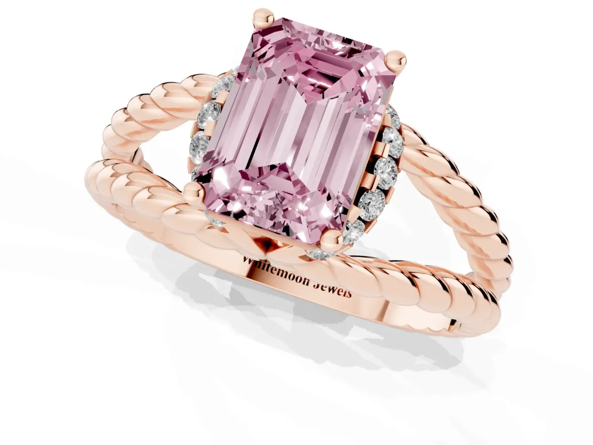 Fancy Pink Emerald Cut Halo Twisted Band Four-Prong Ring Rose gold