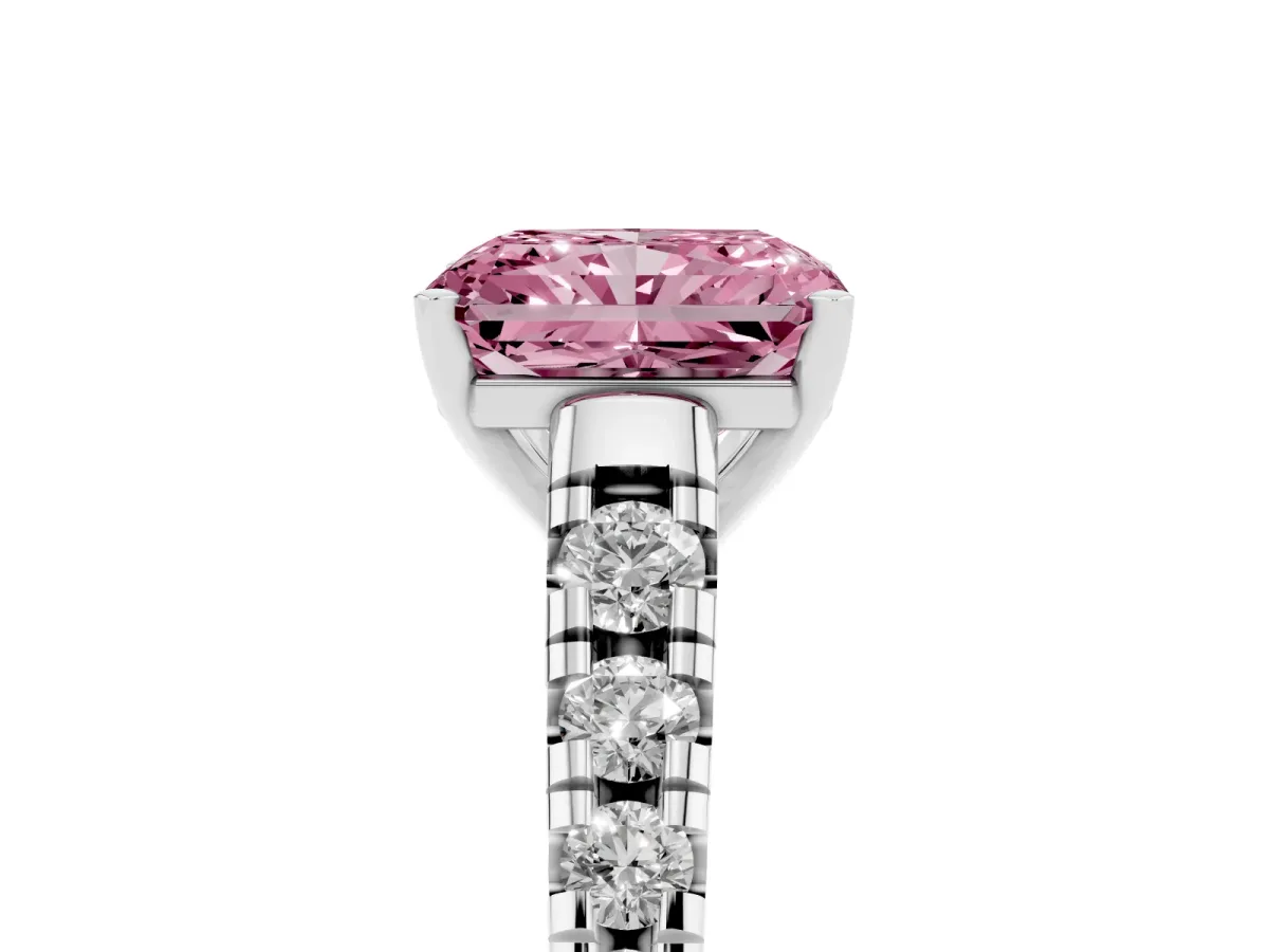 Fancy Pink Radiant Cut Diamond Cathedral Solitaire Ring with Round Pavé Band Platinum