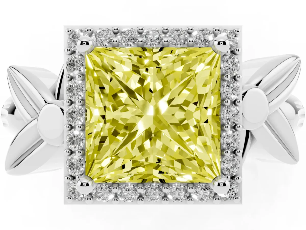 Fancy Yellow Princess Cut Halo Diamond Floral Band with Four-Prong Setting White gold