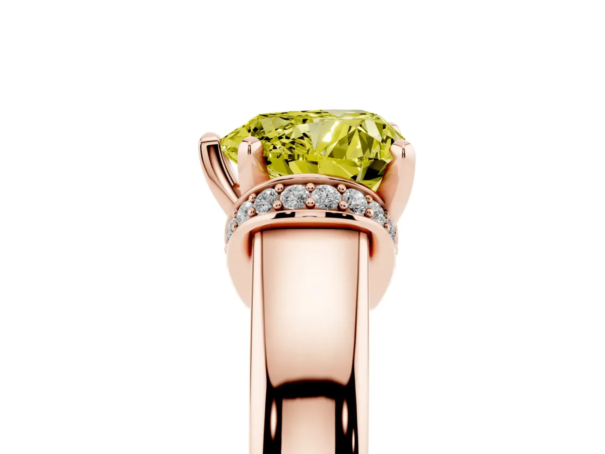 Fancy Yellow Heart Cut Solitaire Diamond Ring with Pave Band and Six-Prong Setting Rose gold