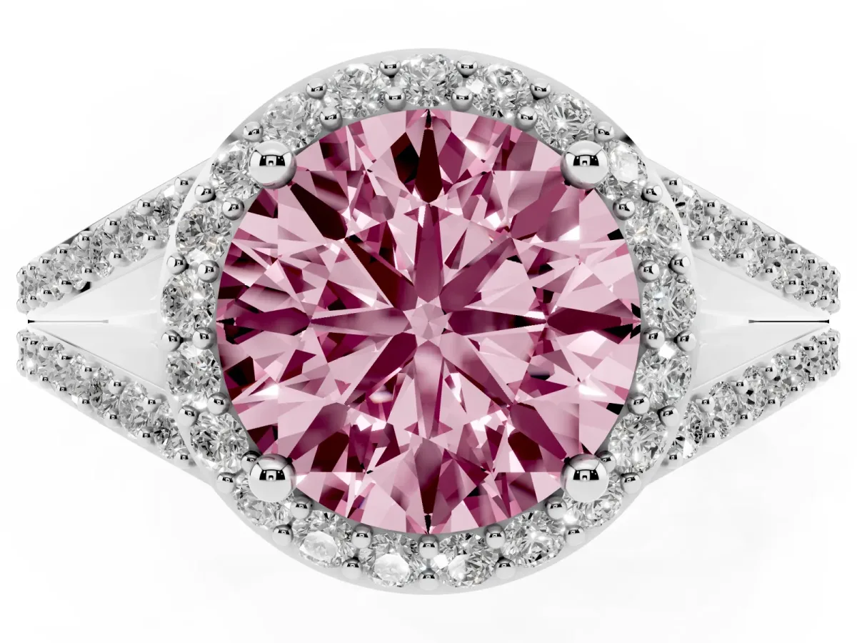 Fancy Pink Round Cut Halo Split Shank Diamond Ring with Prong Setting Silver