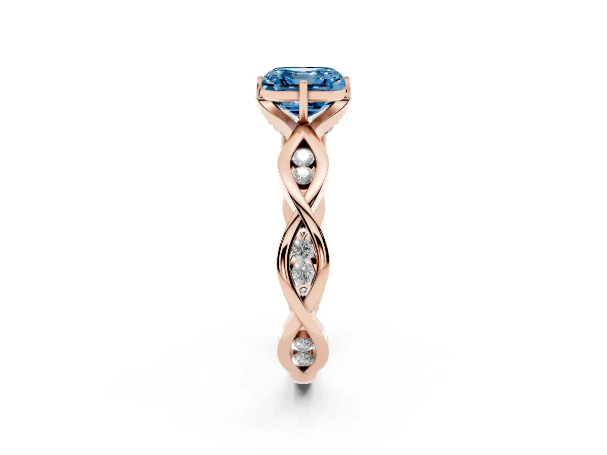 Fancy Blue Asscher Cut Solitaire Twist Band with Leaf Prong Setting Rose gold