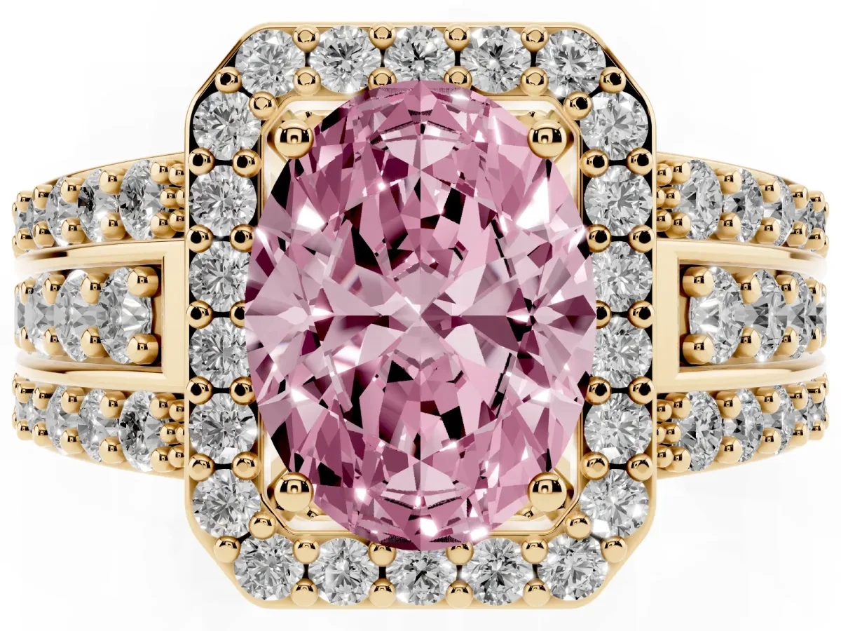 Fancy Pink Oval Cut Halo Diamond Ring with Round Split Shank and Prong Setting Yellow gold
