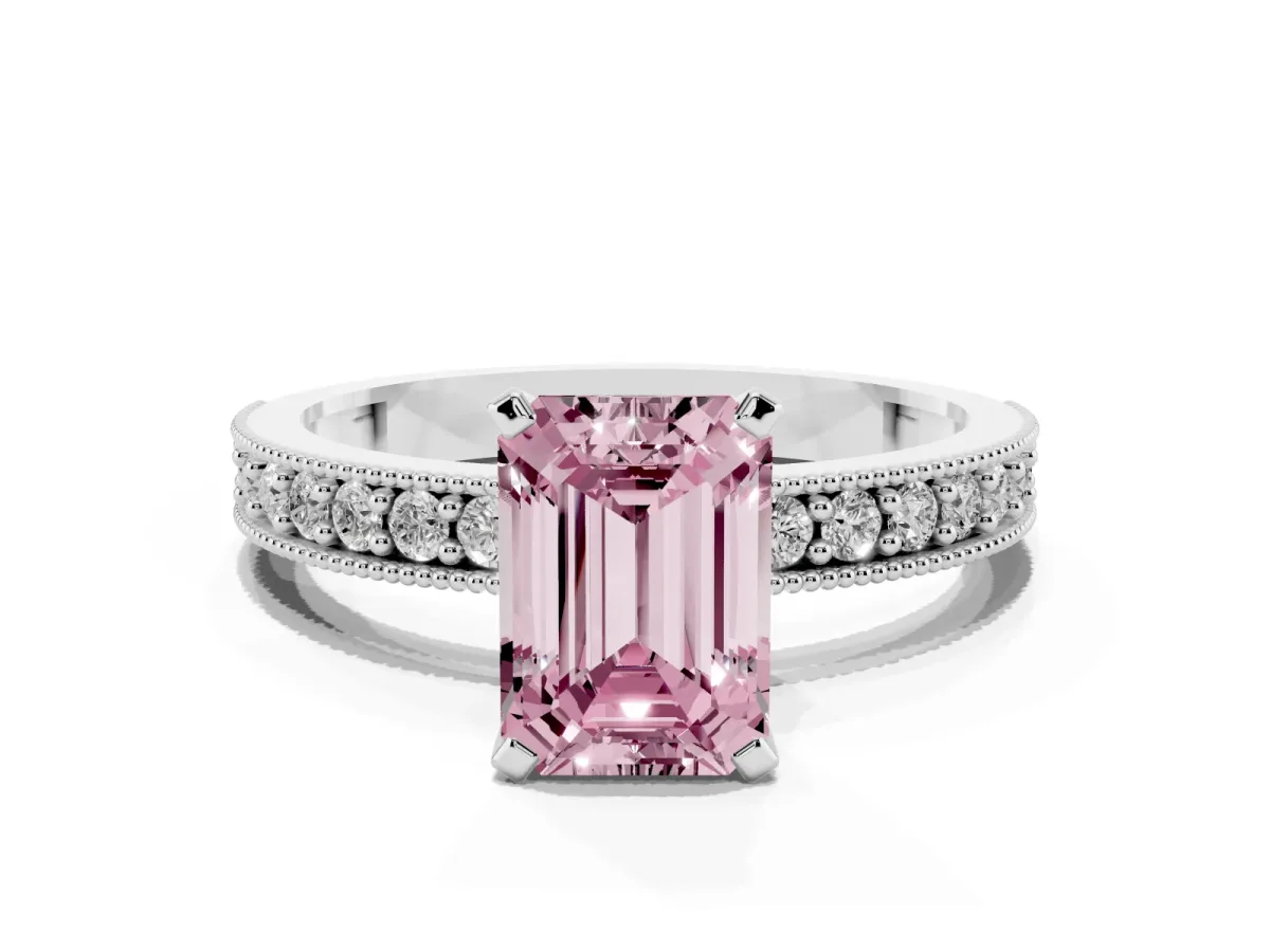 Fancy Pink Emerald Cut Diamond Milgrain Pavé Engagement Ring with Four-Prong Setting Silver