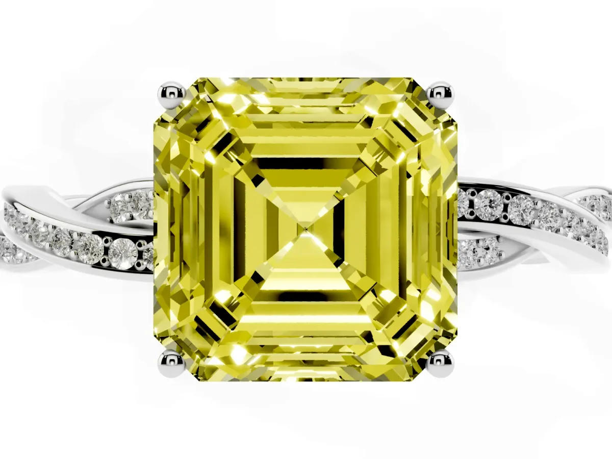 Fancy Yellow Asscher Cut Solitaire Twisted Pave Diamond Ring with Four-Prong Setting Silver
