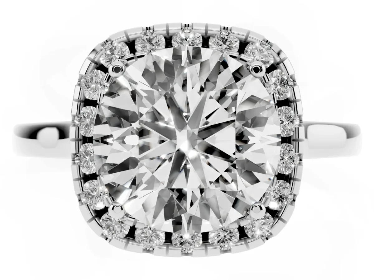 Round Cut Halo Round Diamond Solitaire Ring with Pavé Band and Four-Prong Setting Silver