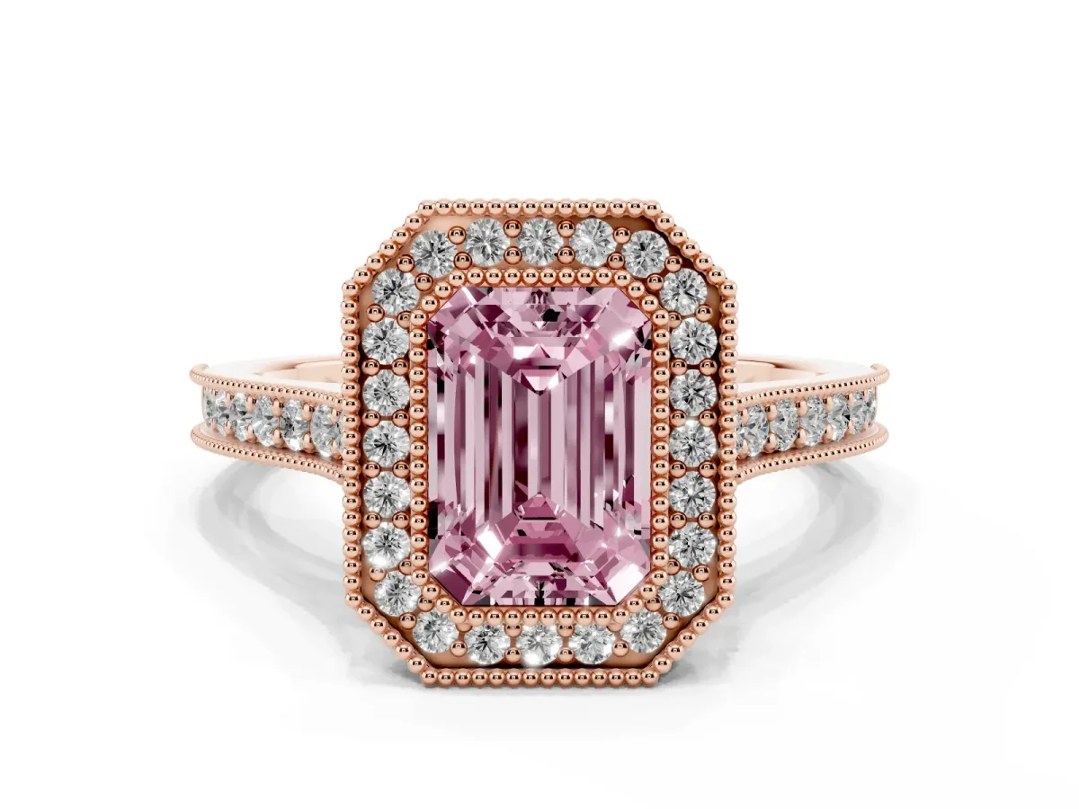 Fancy Pink Halo Emerald Cut-Cut Diamond Pave Band Milgrain Prong Setting Ring Rose gold