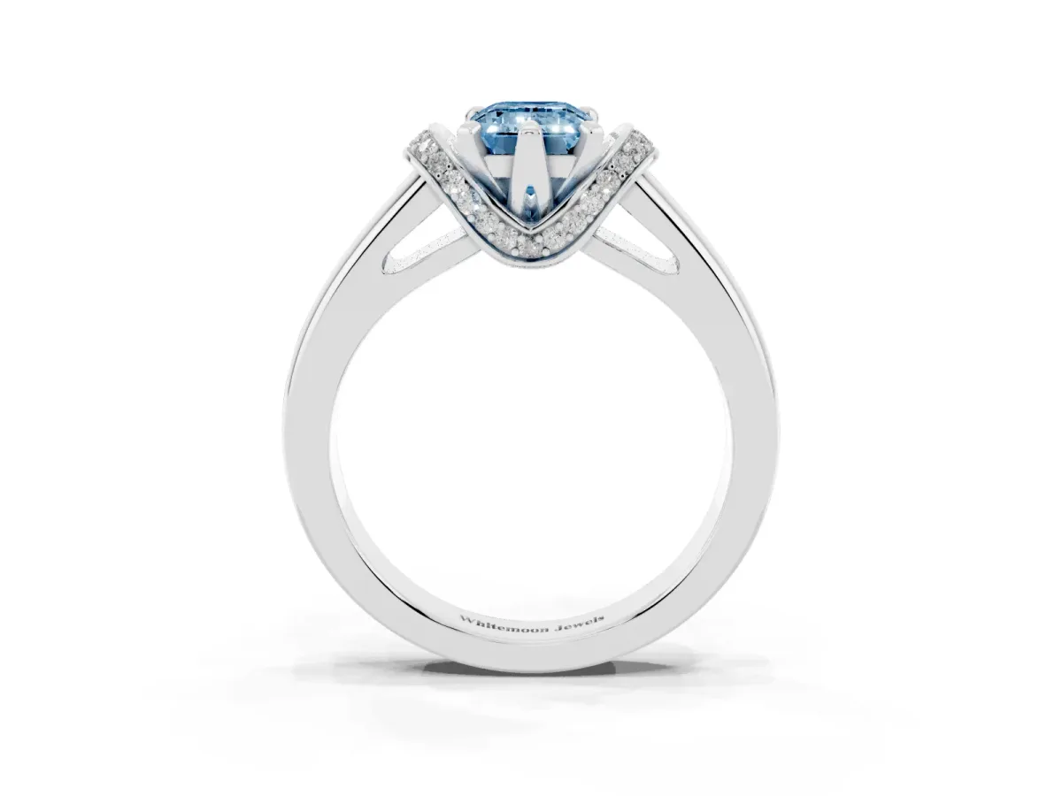 Fancy Blue Emerald Cut Solitaire Diamond Ring with Pave Band and Six-Prong Setting Platinum