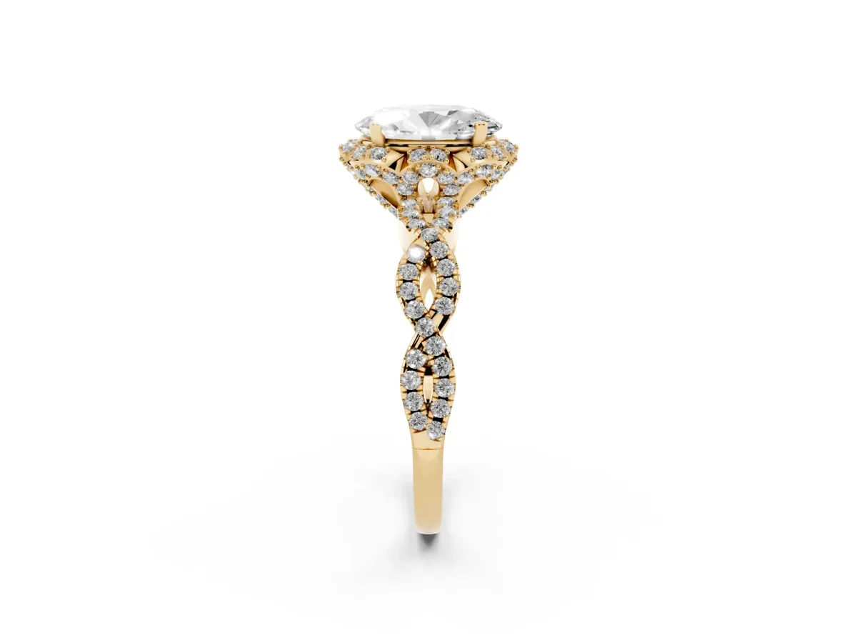 Oval Cut Halo Twist Band Solitaire Ring with Six-Prong Setting Yellow gold