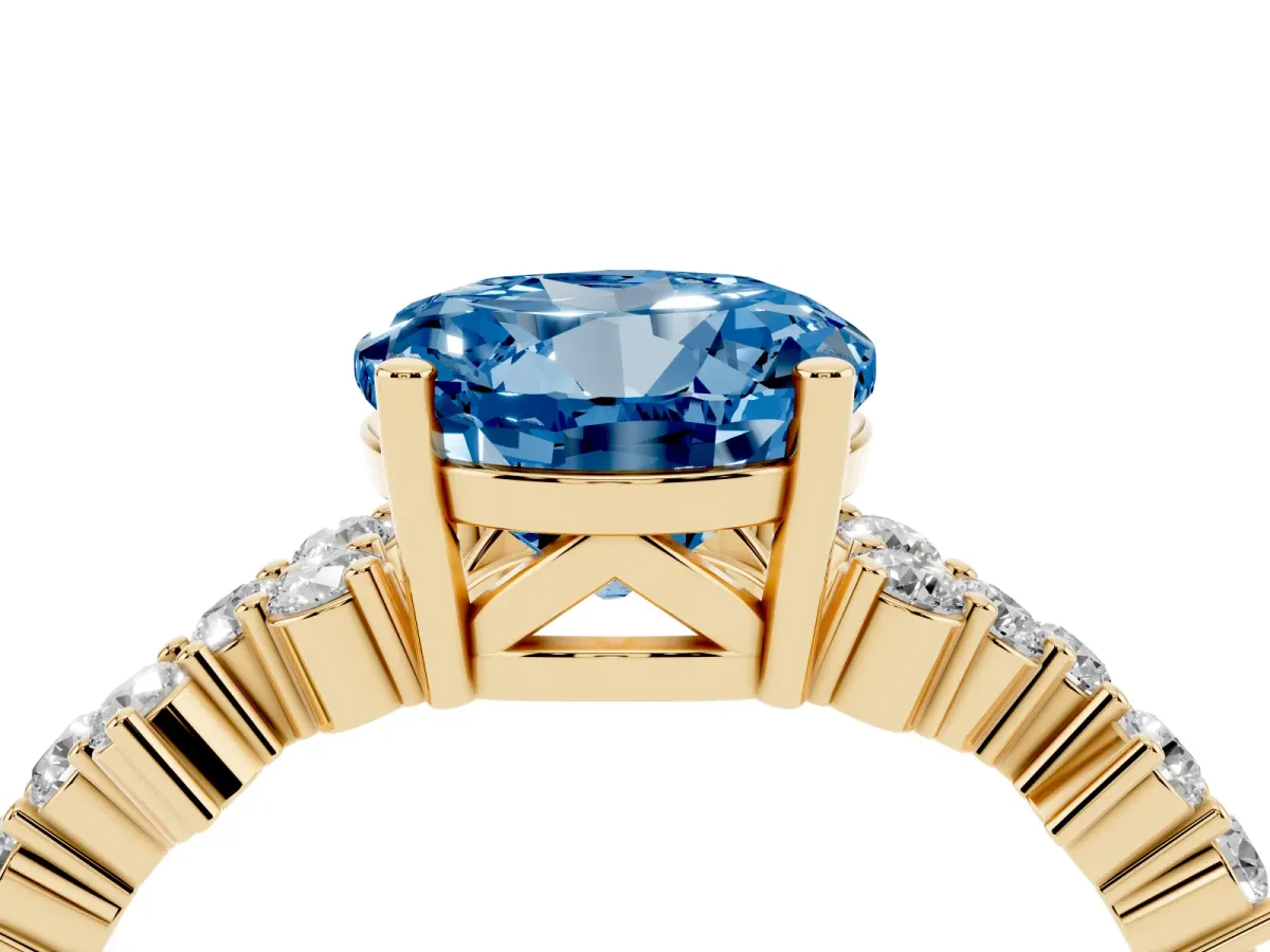 Fancy Blue Round Cut Diamond Scattered Round Accent Ring with Prong Setting Yellow gold
