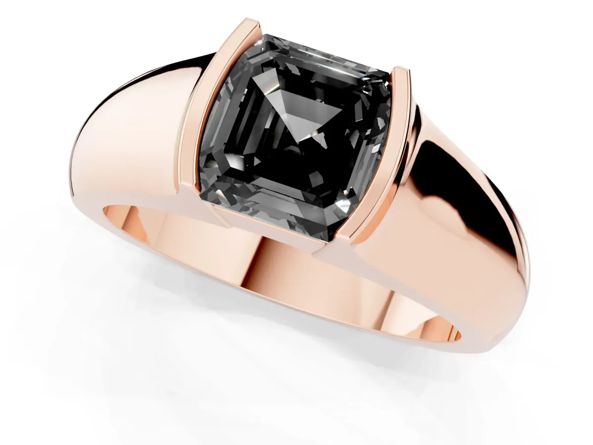 Fancy Black Asscher Cut Solitaire Bezel Set Diamond Ring with Wide Band Rose gold
