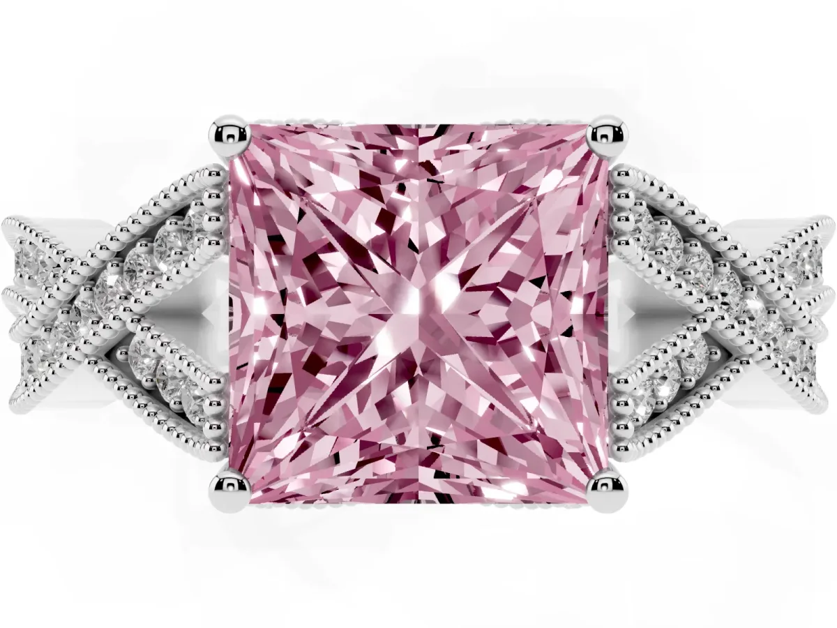 Fancy Pink Princess Cut Cut Diamond Twisted Band with Milgrain Pave Setting and Four-Prong Setting Platinum