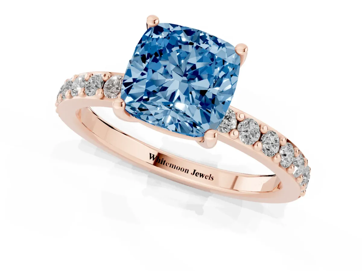 Fancy Blue Cushion Cut Cut Diamond Solitaire with Pave Band and Four-Prong Setting Rose gold