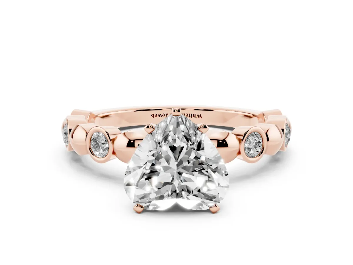 Heart Cut Solitaire Bezel-Set Diamond Ring with Beaded Band and Four-Prong Setting Rose gold