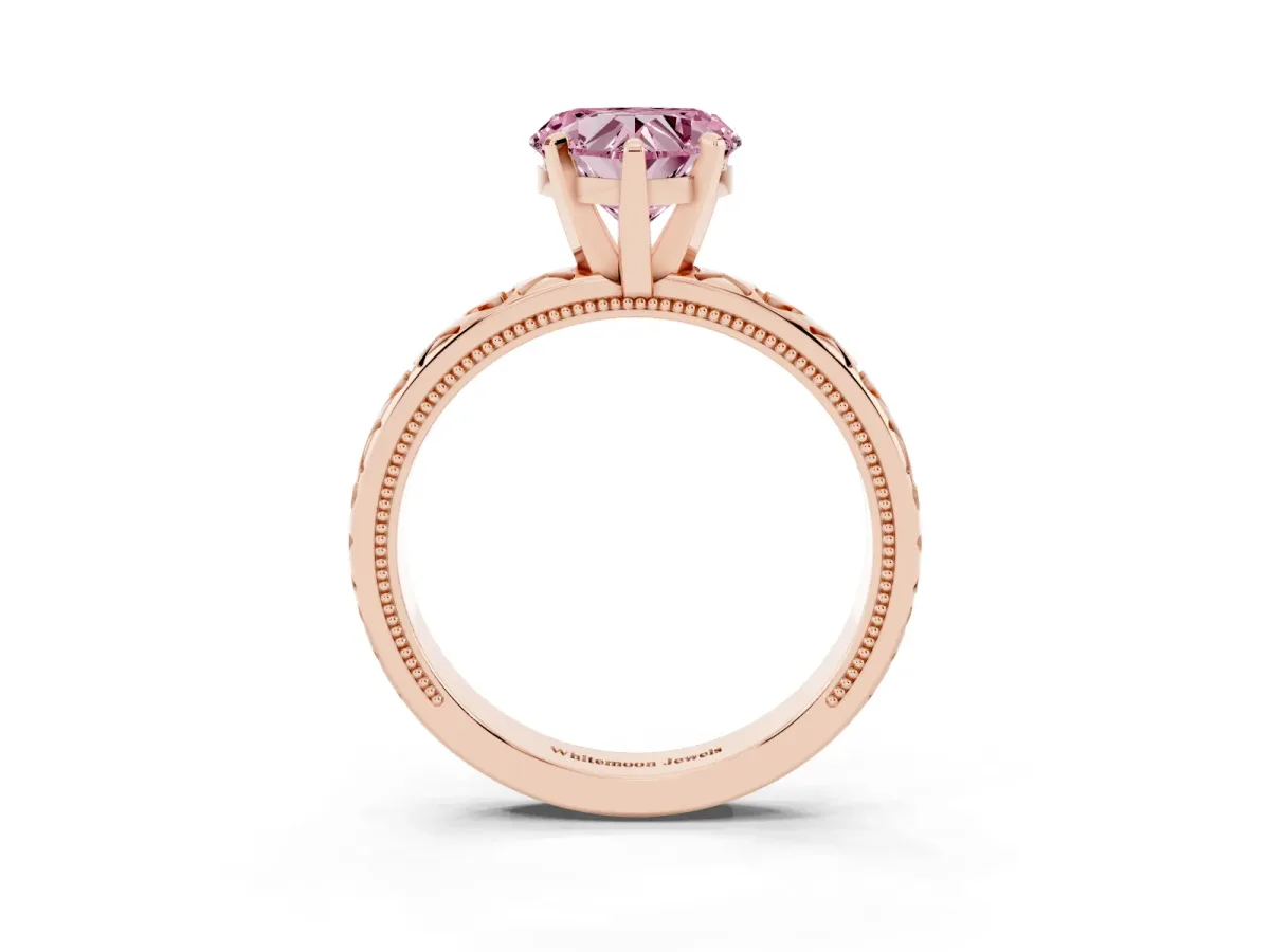 Fancy Pink Heart Cut Solitaire Diamond Engagement Ring with XO Engraved Band and Four-Prong Setting Rose gold