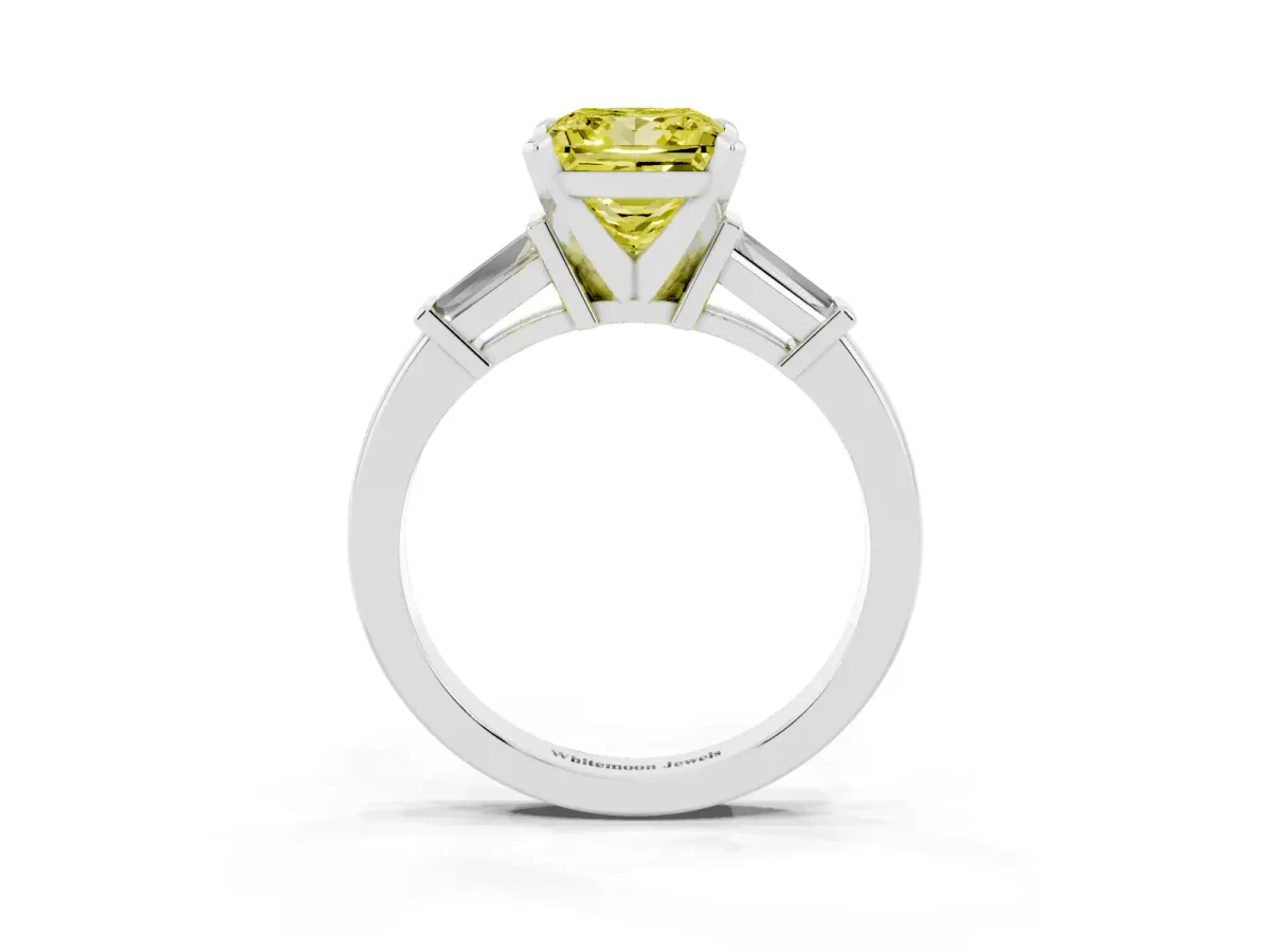 Fancy Yellow Princess Cut Cut Diamond Solitaire Ring with Tapered Baguette Accents and Four-Prong Setting Silver