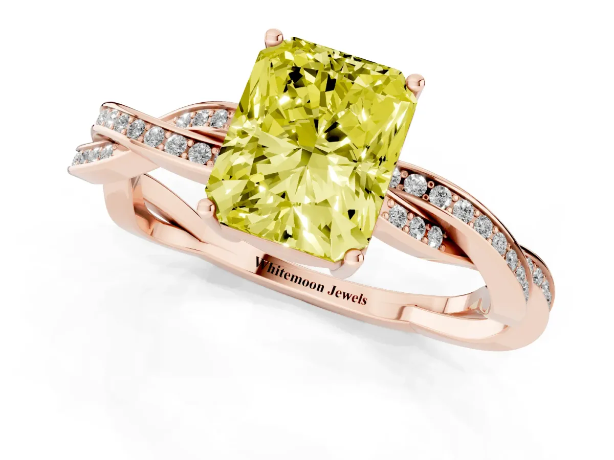 Fancy Yellow Radiant Cut Solitaire Twisted Pave Diamond Ring with Four-Prong Setting Rose gold