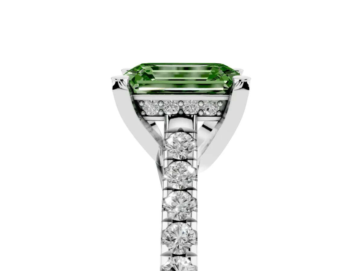Fancy Green Emerald Cut Brilliant Diamond Solitaire with Pavé Band and Four-Prong Setting Platinum