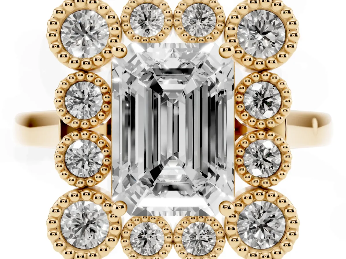 Emerald Cut Halo Diamond Cluster Engagement Ring with Milgrain Bezel Setting and Solitaire Band Yellow gold