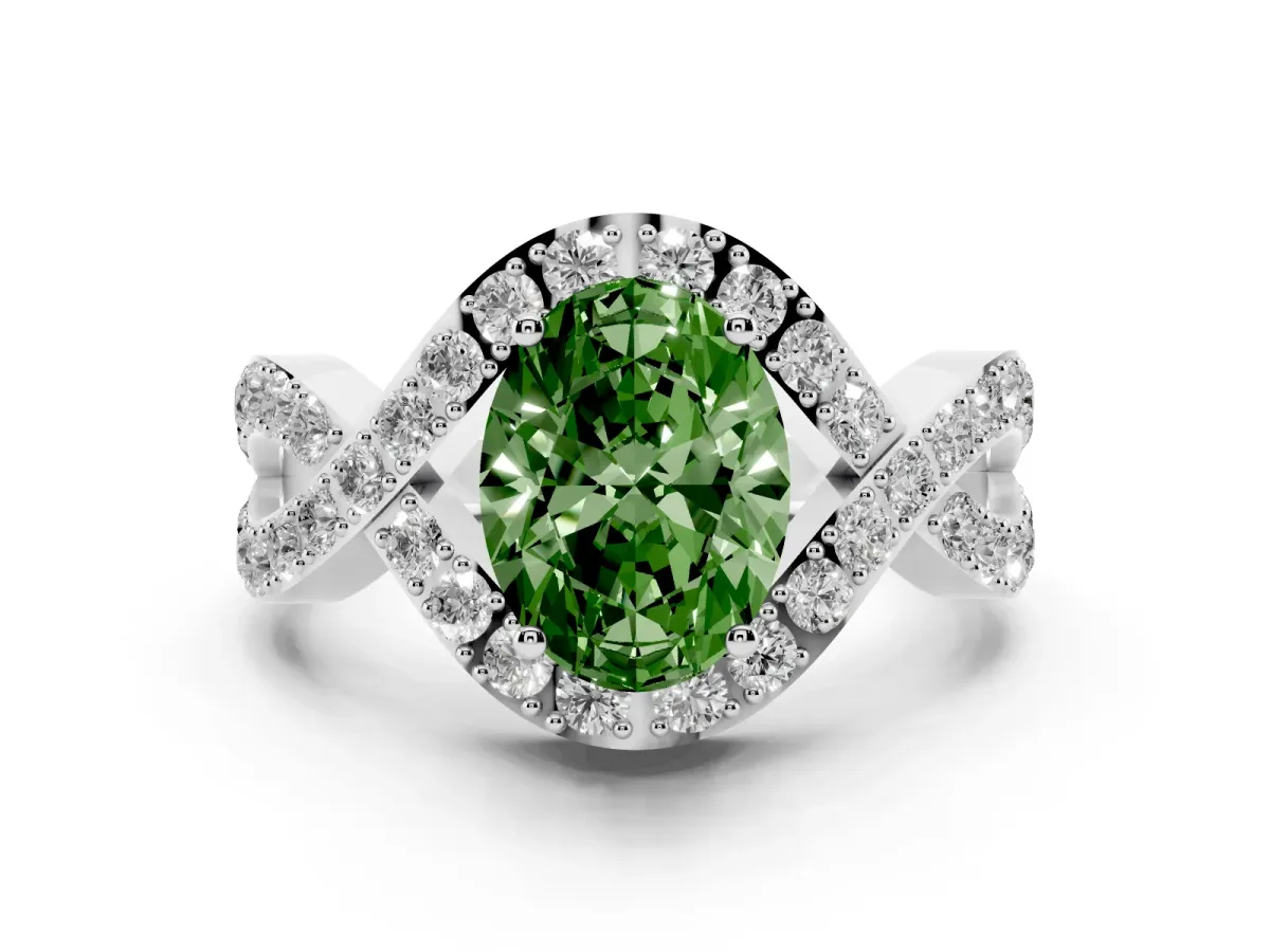 Fancy Green Oval Cut Solitaire Twist Band Pavé Diamond Engagement Ring Platinum