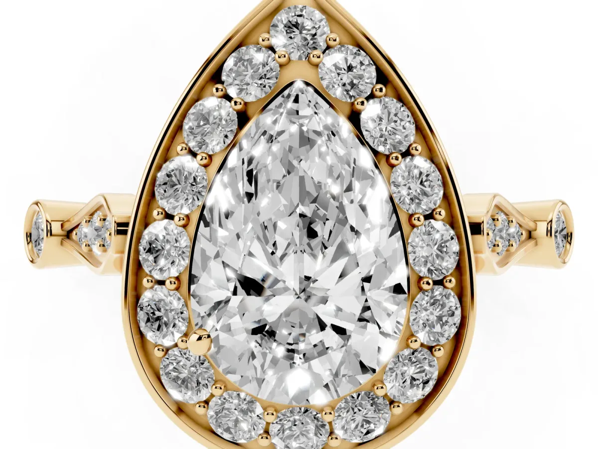 Pear Cut Halo Diamond Engagement Ring with Twisted Band and Four-Prong Setting Yellow gold