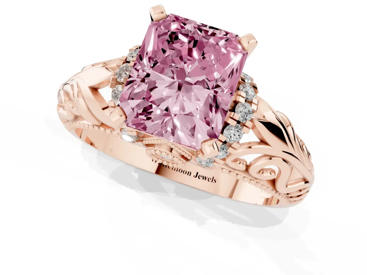 Fancy Pink Radiant Cut Solitaire Filigree Engagement Ring with Halo and Prong Setting Rose gold