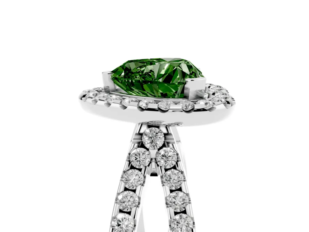 Fancy Green Heart Cut Diamond Halo Ring with Split Shank Pavé Band and Prong Setting Silver