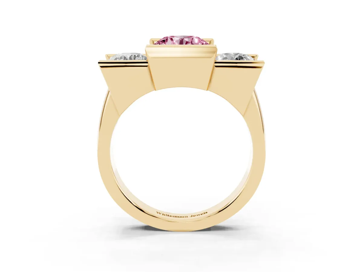 Fancy Pink Three Stone Round Cut Cut Channel Set Diamond Ring Yellow gold