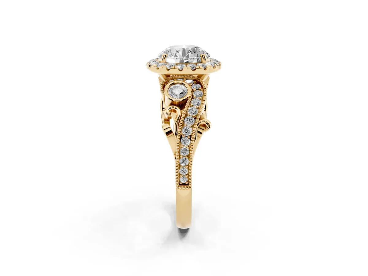 Round Cut Diamond Halo Ring with Milgrain Pavé Band and Four-Prong Setting Yellow gold