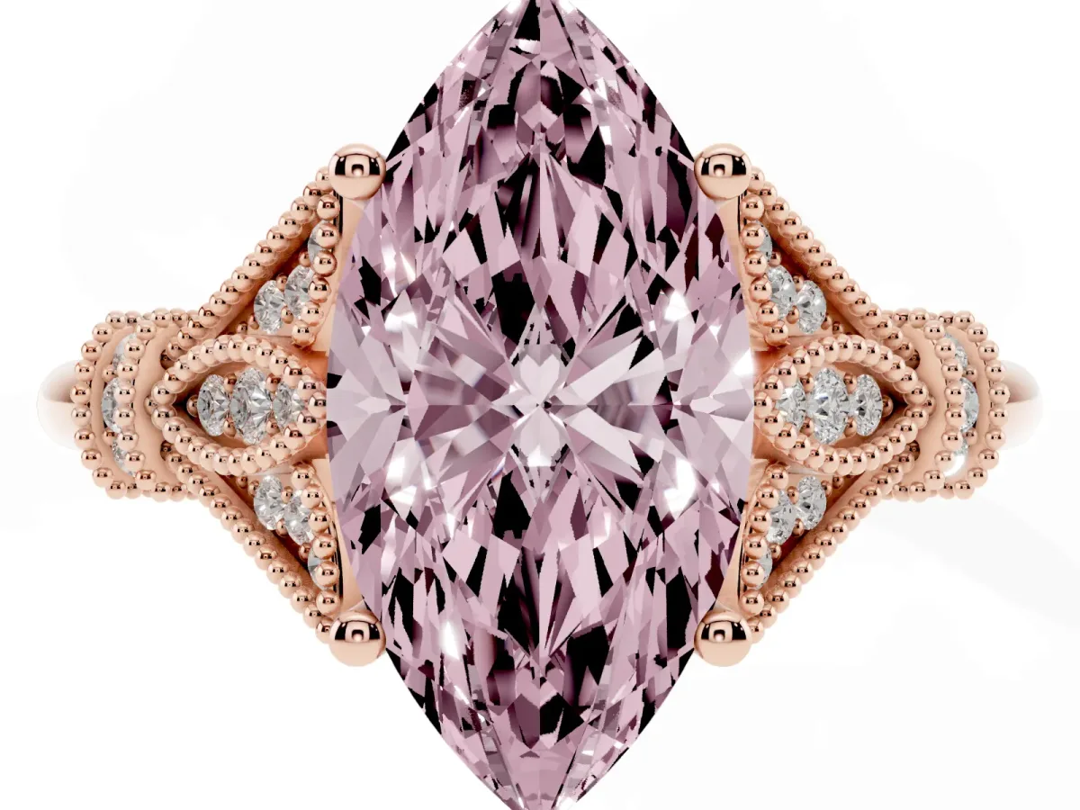 Fancy Pink Marquise Cut Diamond Solitaire Ring with Floral Filigree and Pave Accents Rose gold