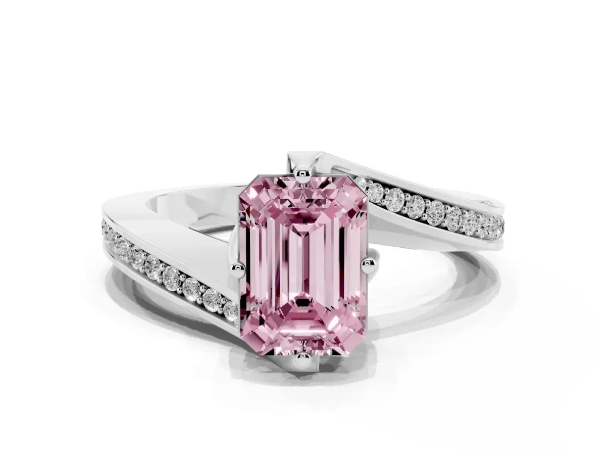 Fancy Pink Emerald Cut Solitaire Diamond Twist Band with Pavé Setting and Four-Prong Setting Silver