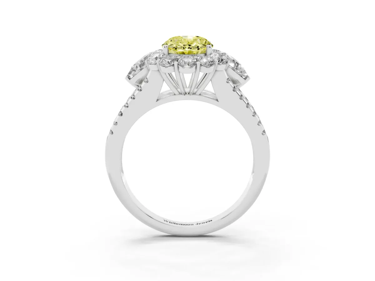 Fancy Yellow Oval Cut Halo Split Shank Diamond Engagement Ring with Prong Setting Silver
