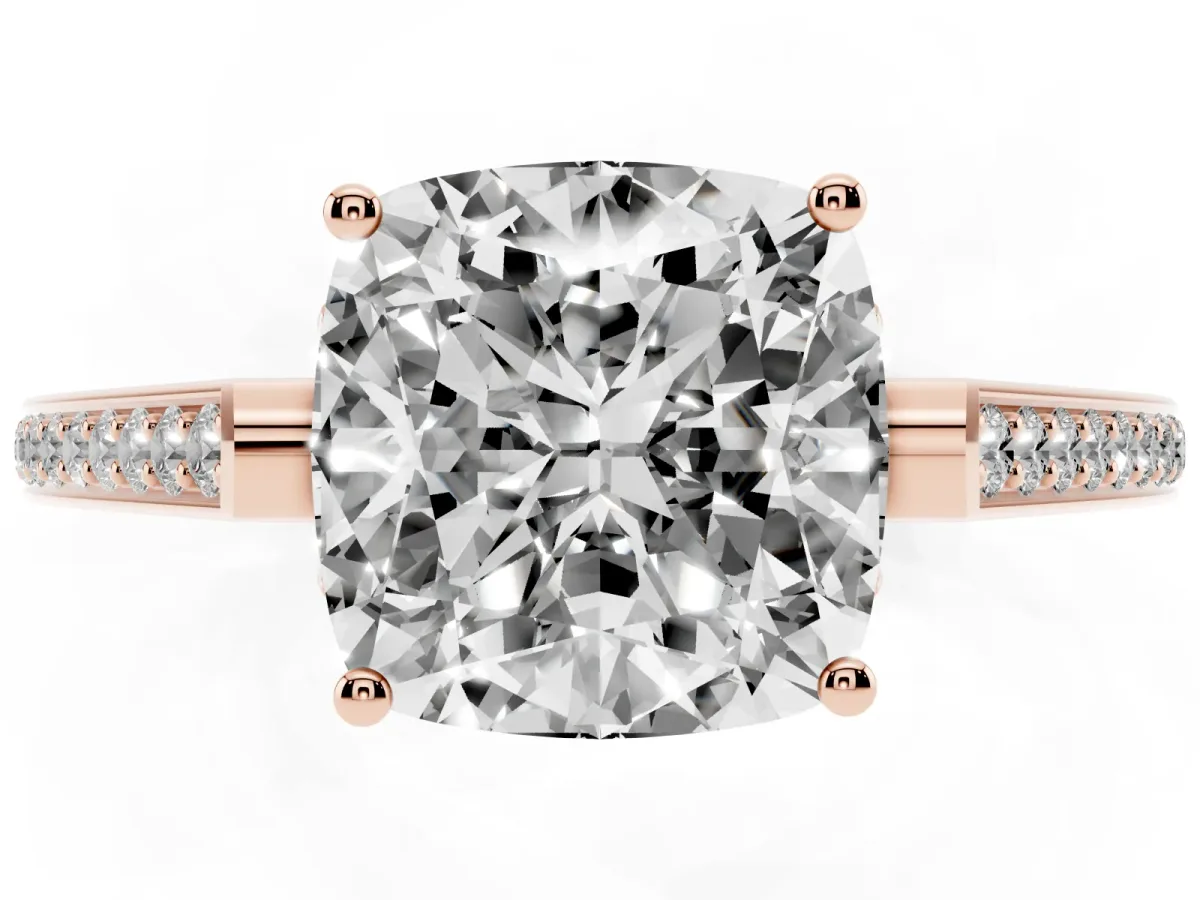 Cushion Cut Cut Cathedral Pave Diamond Engagement Ring with Six-Prong Setting Rose gold