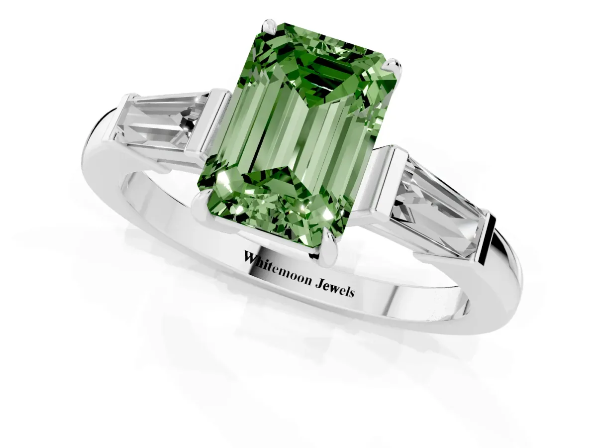Fancy Green Emerald Cut Diamond Three-Stone Ring with Tapered Baguette Side Stones and Prong Setting Silver