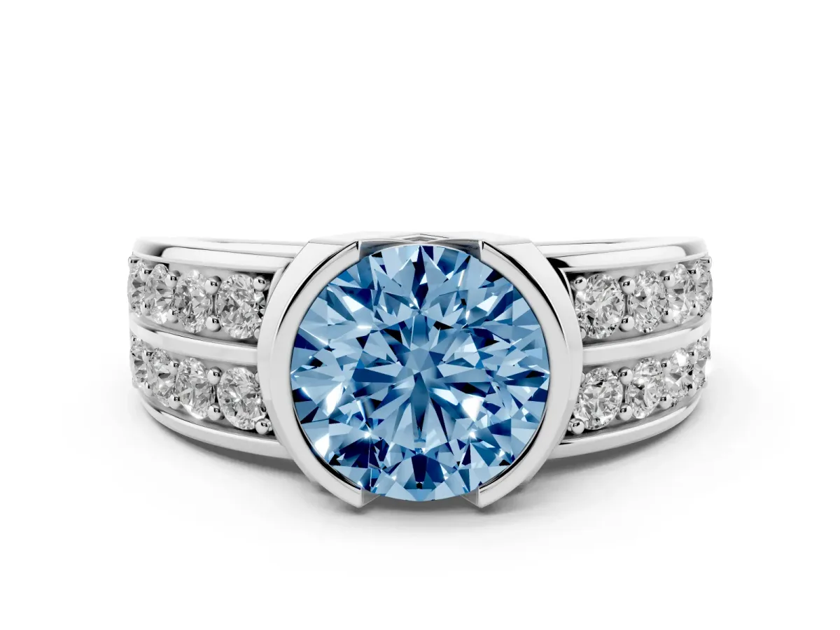 Fancy Blue Round Cut Brilliant Diamond Channel Set Wide Band Ring with Bezel Setting Platinum