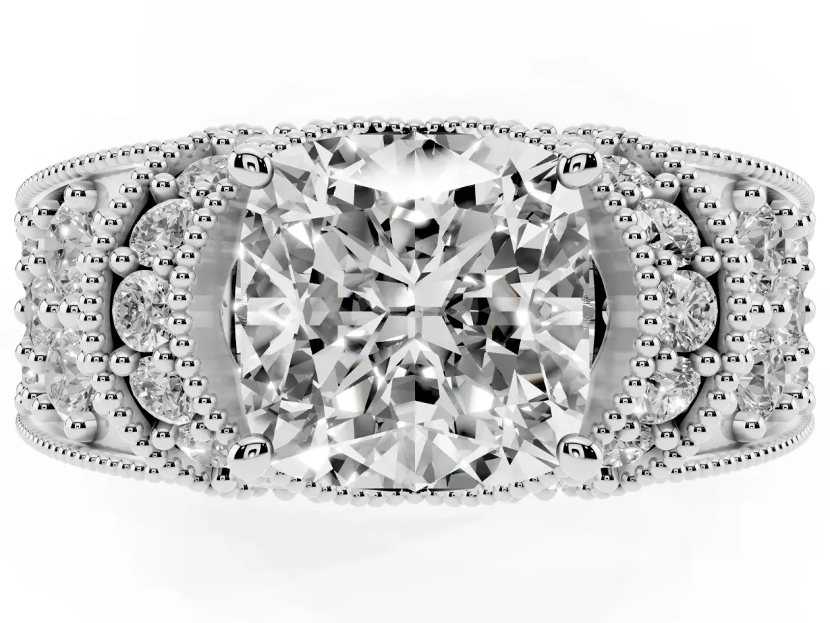 Cushion Cut Halo Pave Diamond Engagement Ring with Milgrain Detailing Silver