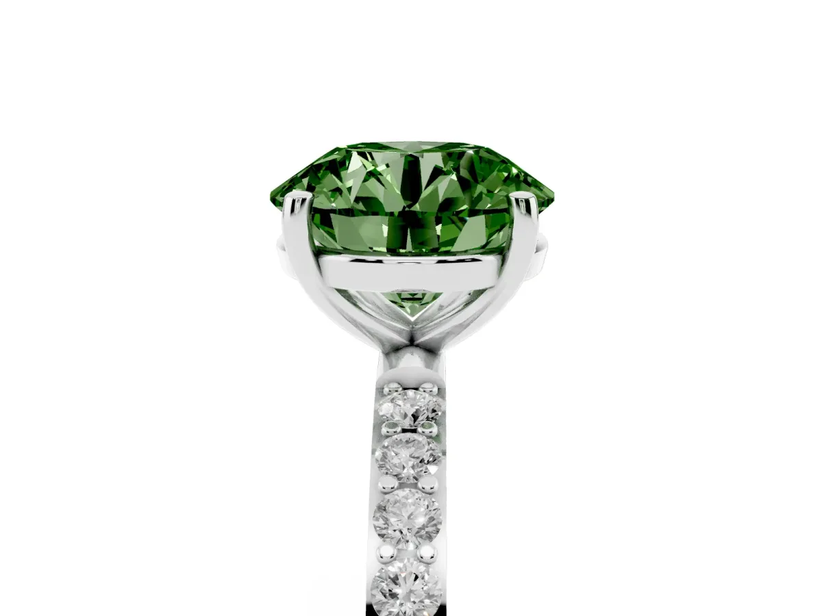 Fancy Green Round Cut Diamond Solitaire Ring with Round Pavé Shoulders and Prong Setting Silver