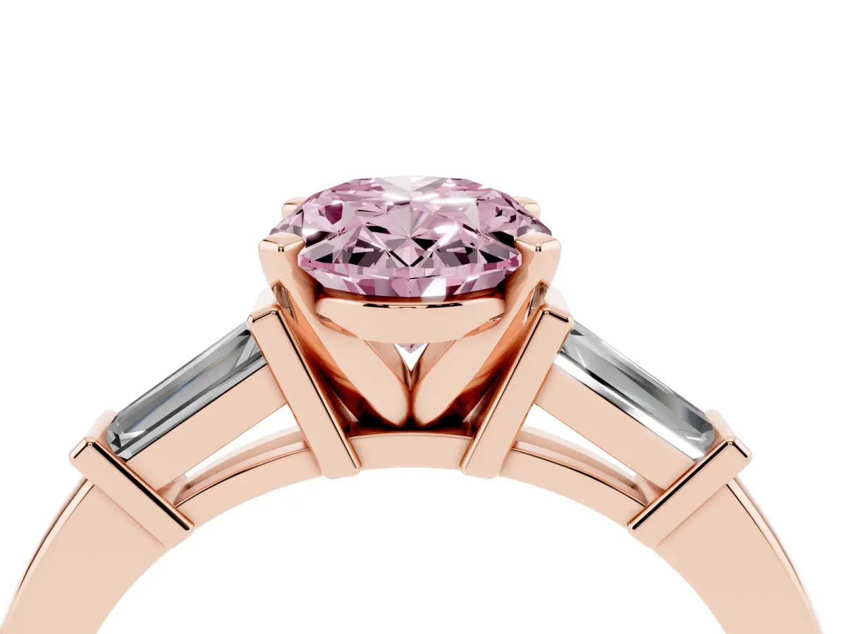 Fancy Pink Oval Cut Cut Diamond Solitaire Ring with Tapered Baguette Accents and Four-Prong Setting Rose gold