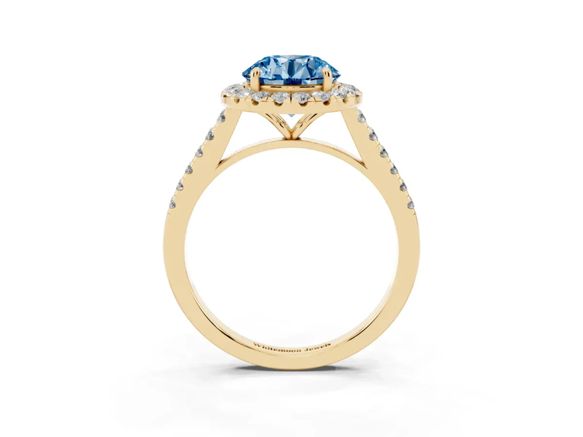 Fancy Blue Round Cut Halo Pave Diamond Engagement Ring with Four-Prong Setting Yellow gold