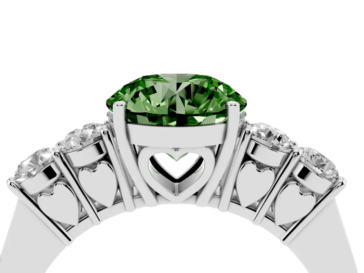 Fancy Green Round Cut Cut Diamond Five-Stone Prong Set White Gold Ring Silver